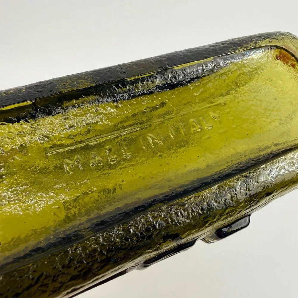 Empoli Brutalist Olive Green Art Glass Decanter Geometric Bottle Italy MCM
